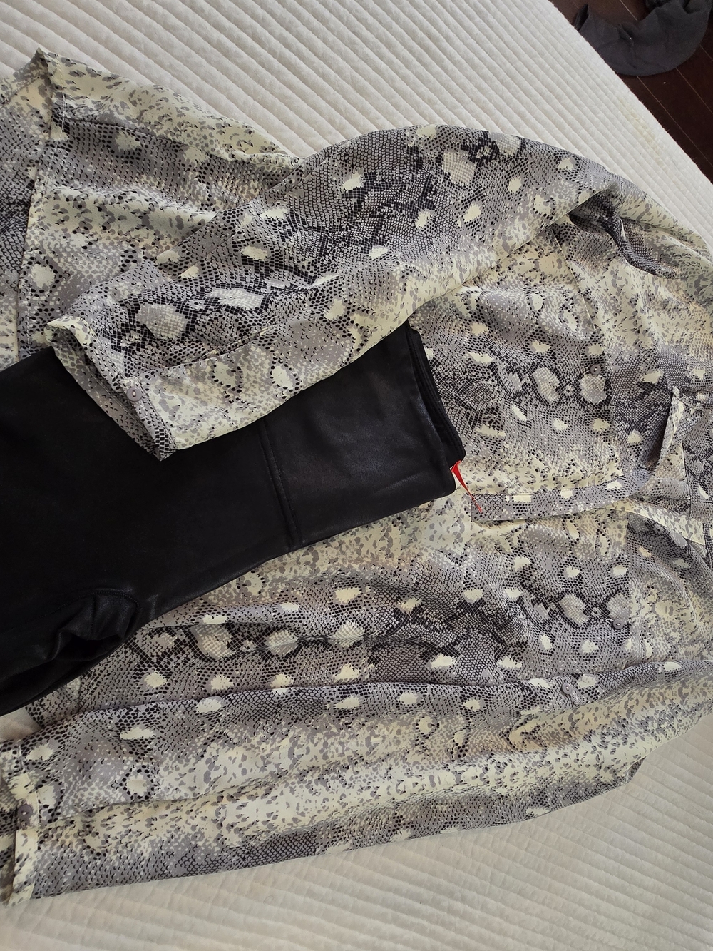 Snake-Print Blouse in Cream & Black And Spanx Leggings